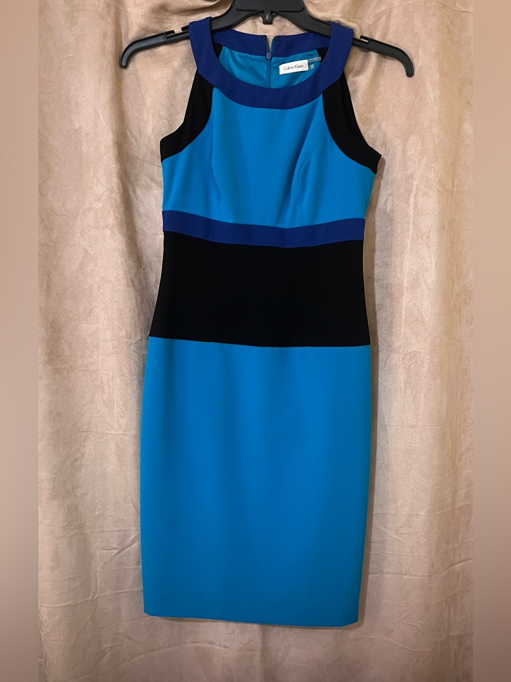 Calvin Klein blue and Black Colorblock Midi Sheath Dress size 2